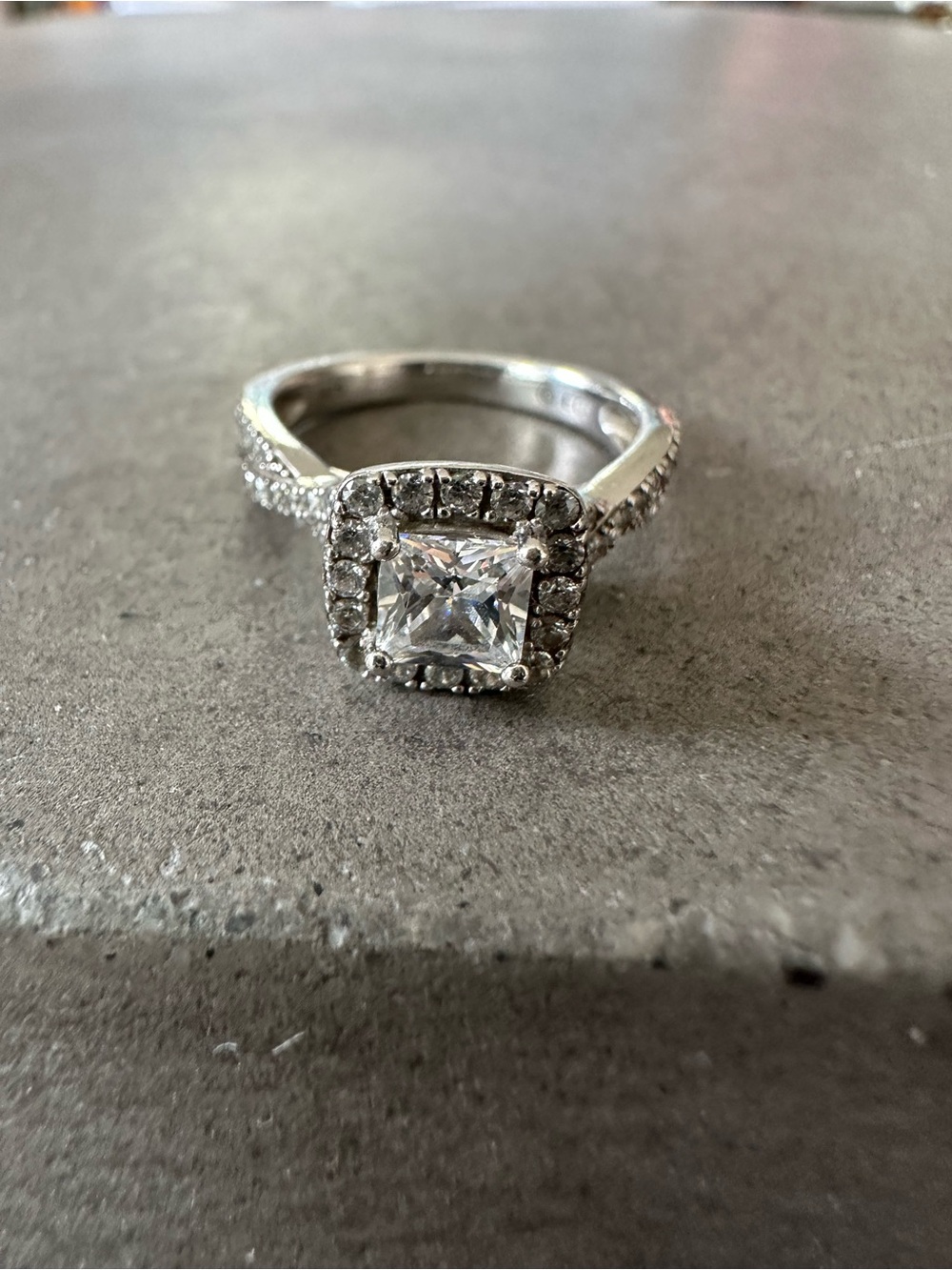 Sparkling Halo Princess-Cut Sterling Silver Engagement Ring
